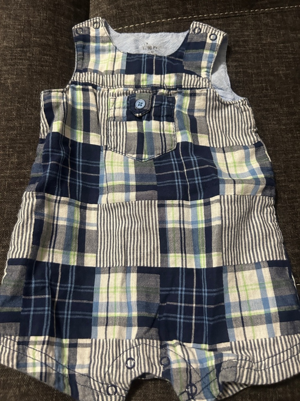 Plaid Baby Romper in Navy, White & Light Green